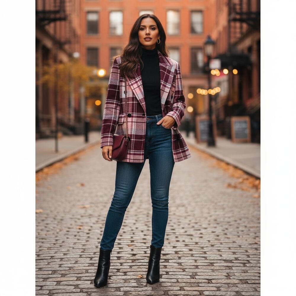 Avec Les Filles Burgundy Plaid Wool Blazer Jacket